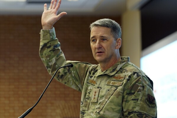 This image provided by U.S. Air National Guard shows Lt. Gen. Steven S. Nordhaus speaking to attendees during the Ohio National Guard Joint Senior Leader Conference in Lewis Center, Ohio, Feb. 2, 2024. Nordhaus has been nominated to be the next chief of the National Guard Bureau, just a bit more than a week before the current chief retires. (Staff Sgt. Jillian Maynus, U.S. Air National Guard via AP)