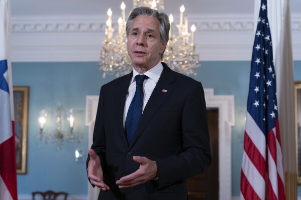 Secretary of State Antony Blinken speaks to the press after a bilateral meeting with Panamanian Foreign Minister Javier Martinez Acha at the State Department in Washington, Wednesday, July 17, 2024. ( AP Photo/Jose Luis Magana)