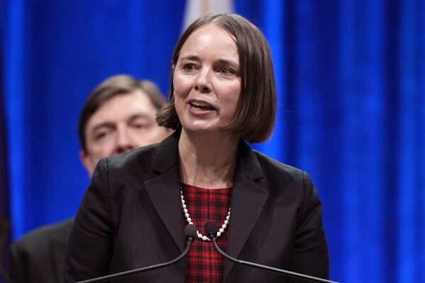 FILE - Secretary of State Shenna Bellows speaks at an event, Jan. 4, 2023, in Augusta, Maine. Bellows on Thursday, Dec. 28, removed former President Donald Trump from the state’s presidential primary ballot under the Constitution’s insurrection clause, becoming the first election official to take action unilaterally in a decision that has potential Electoral College consequences. (AP Photo/Robert F. Bukaty, File)