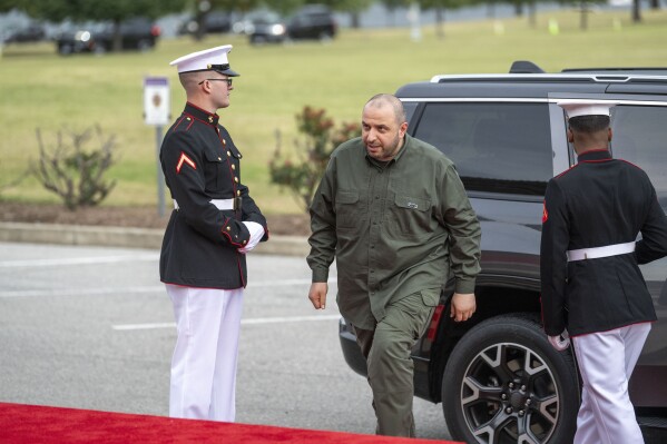 Ukraine's Minister of Defense Rustem Umerov arrives for a social dinner for defense ministers attending the NATO summit hosted by Defense Secretary Lloyd Austin at Fort McNair on Wednesday, July 10, 2024, in Washington. (AP Photo/Kevin Wolf)