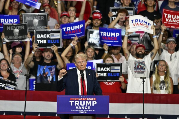 Republican presidential candidate former President Donald Trump speaks at a campaign rally in Charlotte, N.C., Wednesday, July 24, 2024. (AP Photo/Matt Kelley)
