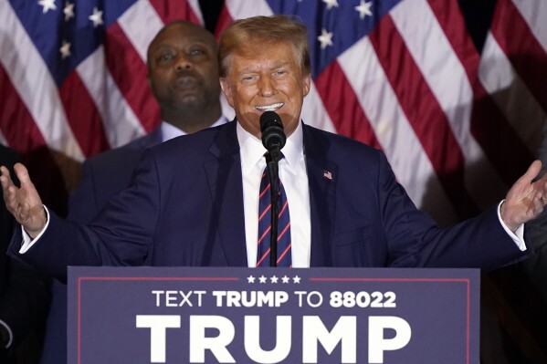 Republican presidential candidate former President Donald Trump speaks at a primary election night party in Nashua, N.H., Tuesday, Jan. 23, 2024. (AP Photo/Pablo Martinez Monsivais)