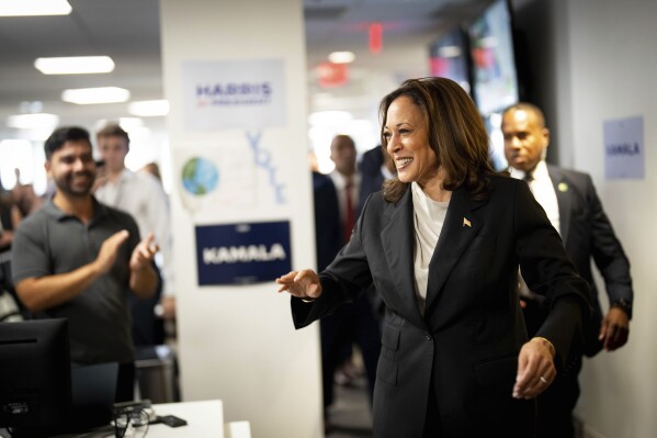 Vice President Kamala Harris arrives at her campaign headquarters in Wilmington, Del., Monday, July 22, 2024. (Erin Schaff/The New York Times via AP, Pool)