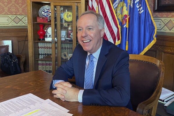 FILE - Wisconsin Assembly Speaker Robin Vos speaks during an interview at the state Capitol in Madison, Wis., on Wednesday, Dec. 20, 2023. Vos on Friday, June 7, 2024, challenged signatures on petitions filed seeking an election to recall him from office, saying there were not enough valid ones. (AP Photo/Harm Venhuizen, File)