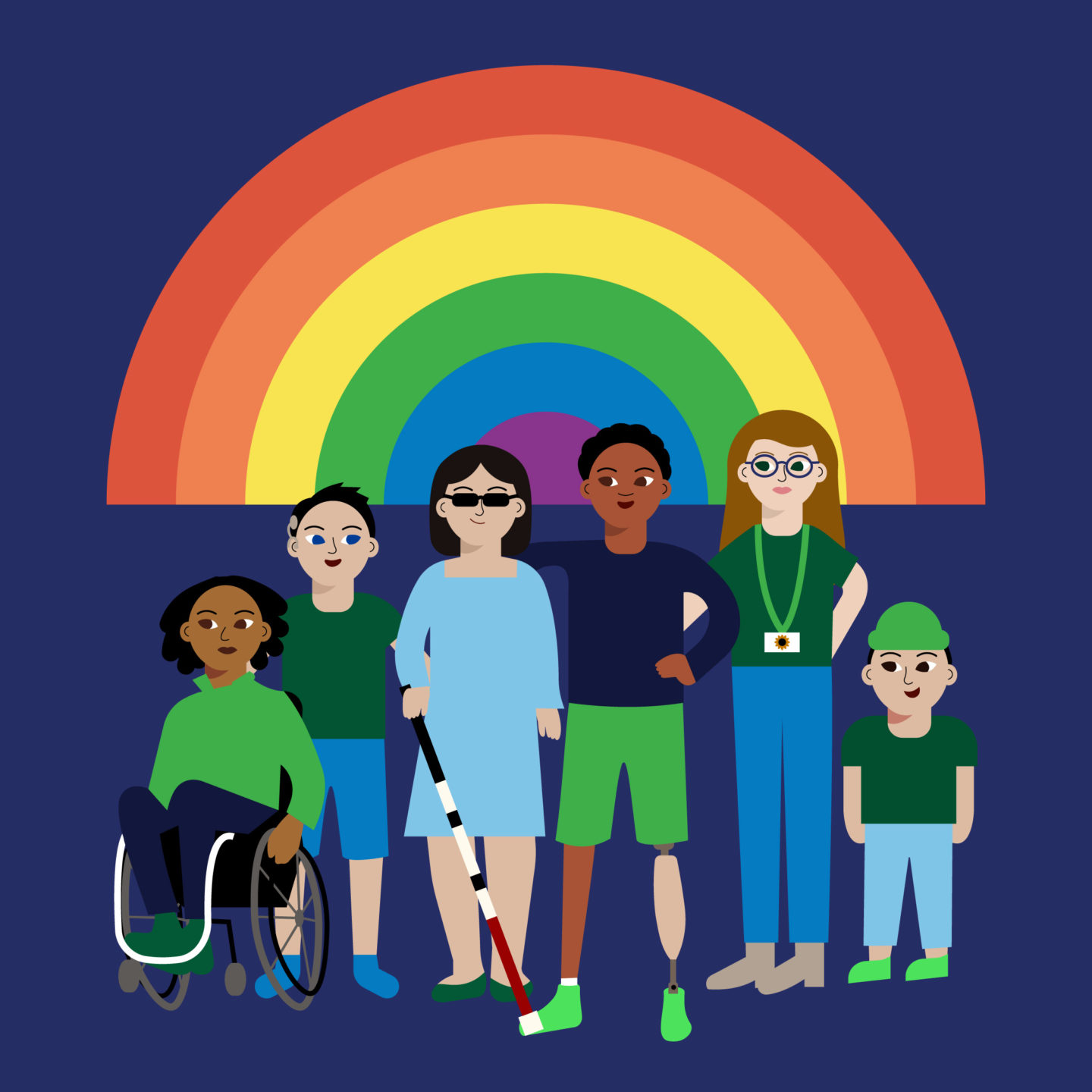 Simple illustration of diverse people with disabilities with rainbow LGBTQIA  rainbow above them.