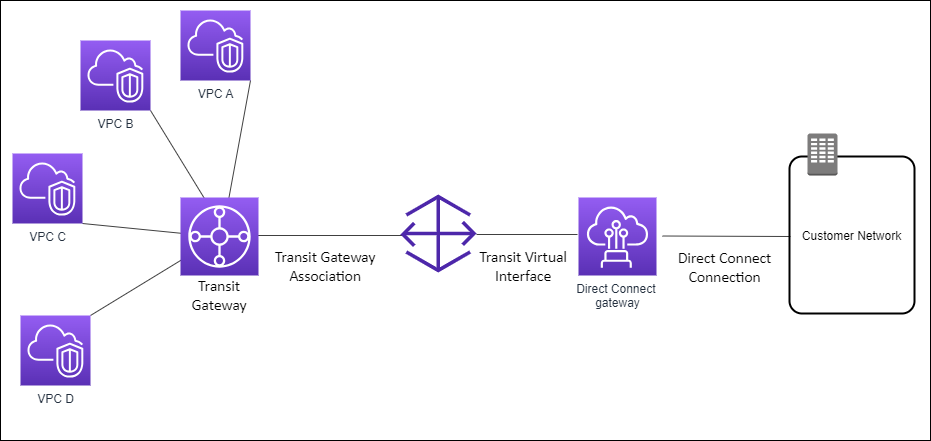 A Direct Connect gateway associated with a transit gateway with multiple VPC attachments.