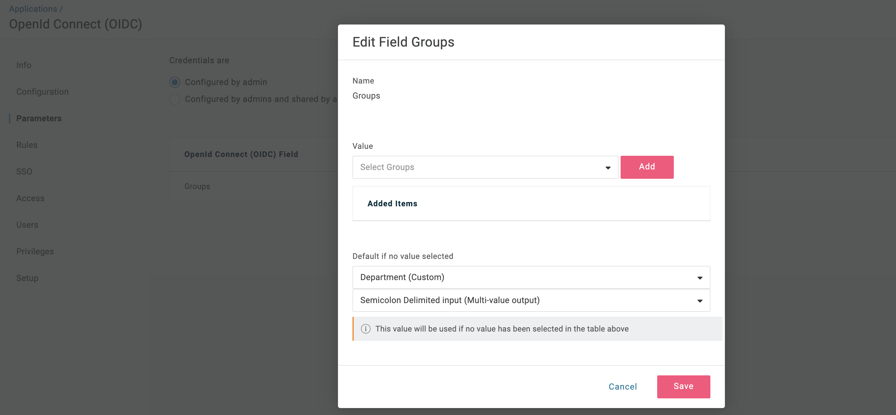 OneLogin OIDC Application Parameters Field Groups