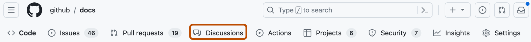 Screenshot of the tabs in a GitHub repository. The "Discussions" option is outlined in dark orange.