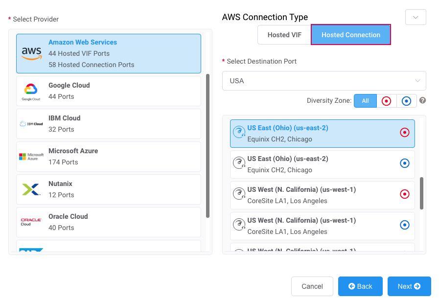 Specify a connection type and destination