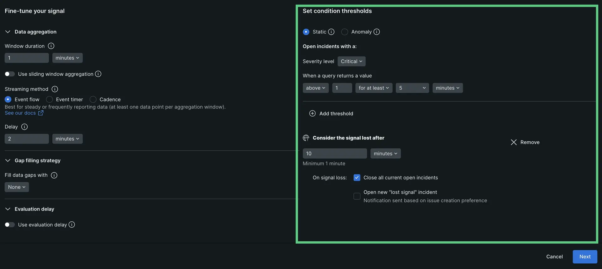 A screenshot depicting how to set the threshold for an alert condition.