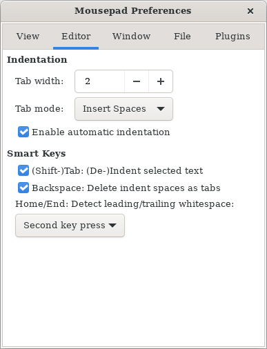 Mousepad Editor Preferences Window