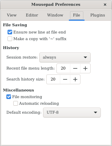 Mousepad File Preferences Window