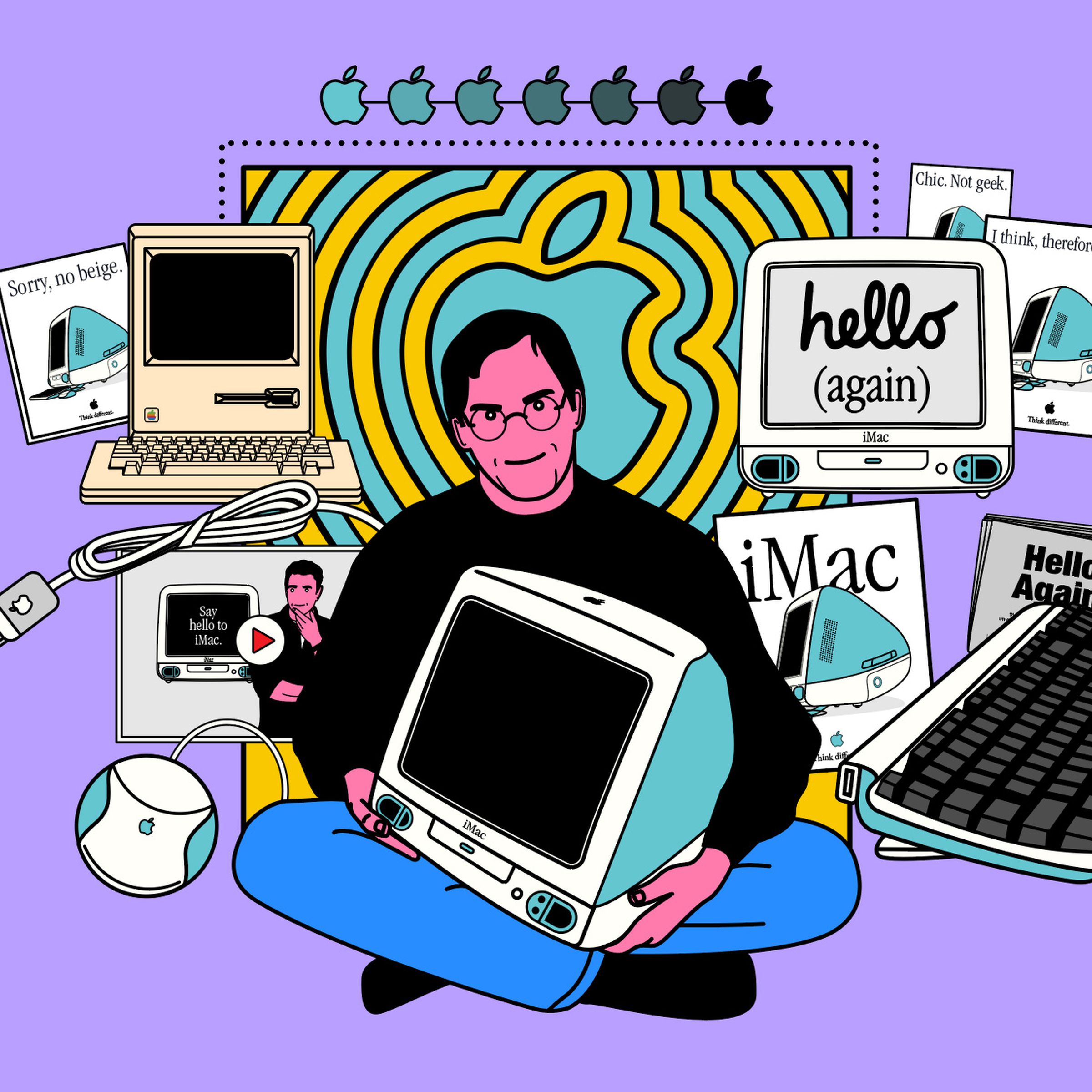 An illustration of Steve Jobs holding an iMac G3 with other vintage Apple products surrounding him on a light purple background.