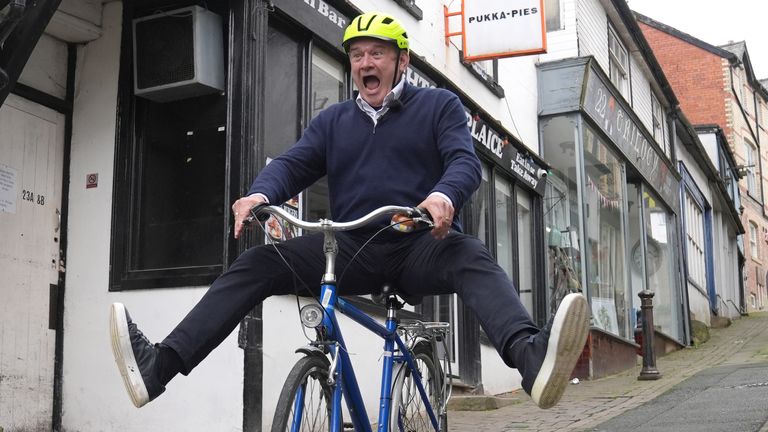 Pic: PA
Liberal Democrat Leader Sir Ed Davey, Welsh Liberal Democrat Leader Jane Dodds and local Liberal Democrat candidate David Chadwick (right) riding bokes during a visit to Knighton, Wales, while on the General Election campaign trail. Picture date: Wednesday May 29, 2024.