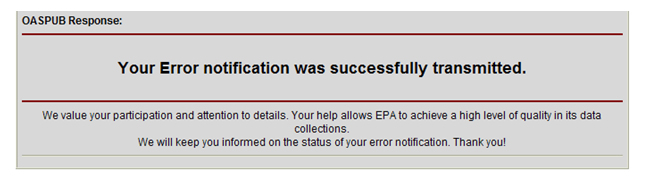 Notification of Successful Error Report to EPA's Integrated Error Correction Process