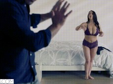 Guy walks in on Angela White in lingerie, she invites him to stay gif