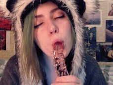 Licking glass dildo juices gif