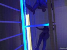 Italian delivers jump kicks,  through the glass floor gif