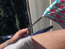 Public bulge in grey shorts gif