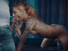 Tatted Babe Slurps in Cyberpunk lighting gif