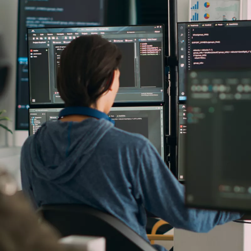 A person seen from behind, seated at a computer with multiple screens, engrossed in coding or programming work, portraying a focused and productive workspace