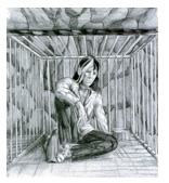 "Enslaved Beyond Endurance", from Songs of the Dirhja -- "'Enslaved Beyond Endurance' depicts Spock held in a cage, treated for his injuries in a crude veterinary hospital as an animal. Ms. Mueller captures the dismal, cramped quarters and especially the despair and the unfocused look of hopelessness on Spock’s face. Without ever having read the words, you immediately feel his misery and the biting cold." [18]