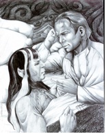 Tenderness, from Songs of the Dirhja -- "'Tenderness' is my favorite! Beautifully executed, Ms. Mueller captures an abundance of feeling. Kirk and Spock are drawn with exquisite care to remain true to the narrative explaining their appearance. Spock’s hair is long and tinged with white; Kirk’s hairline is receding and is hair longer. Spock bears obvious scars from his brutal beatings. The love shines through as they touch fingers in the traditional Vulcan way, their features soft and tender as they look into each other’s eyes. Beautiful." [19]