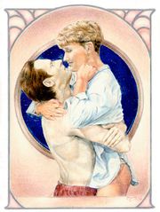 (1991) "Tasha's Mirror" from Pulse of the Machine -- artist's description: "Soft-colored romantic illustration from Pulse of the Machine of the blonde Security Chief hoisted up in the Science Officer's arms. She is smiling down at him as he gazes up at her in fond interest. The Android is bare-torsoed, while the Security Chief wears a blue shirt and little else. Sweet, endearing pose." [38] -- from a fan: "One of my most favorite pieces is an illustration in Pulse of the Machine, in which Tasha Yar's leapt into Data's arms - the moment is so perfectly captured, so spontaneous feeling, so free. I can't remember off the top of my head if the art was Kluge or Siegrist, but all these years later, I still love that art." [39]