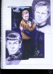 from Kindle My Heart -- "In the center is a color picture of Kirk tenderly holding a very contented looking Spock. The faces are very nicely done, especially Spock’s, and I love how the whole pose is so tender and loving. The only quibble I have is the perspective. I couldn’t quite figure out, if Kirk is on his knees as he seems to be in the picture, why Spock’s body seemed to be on a lower level somehow, so that his head is resting under Kirk’s chin. But the background is dark and it’s hard to see the legs very well, so maybe something was lost in the printing. The cover also has really nice drawings of Kirk in the upper right corner and Spock in the lower left corner. These drawings seemed black and white at first, but upon closer inspection are a sort of dark purplish blue. (Can you tell I am not an artist?) There’s also a color picture of the Enterprise in the top left corner. Marianne always has interesting compositions for her drawings, and I like this cover a lot. [39]