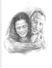 (1999) from "Have You Hugged Your Guide Today?" changes -- artist's description: "Jim has an arm wrapped around Blair's neck and shoulders from behind, squeezing him in an affectionate hug in this pencil drawing, his chin hooked over Blair's shoulder. Both characters are smiling; Blair's hair is loose and he's wearing his glasses." [23]