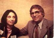 undated photo, "Jacqueline Lichtenberg and Gene Roddenberry at the Star Trek convention where fans first held an Affirmation of the Continuity -- he didn't attend!" [23]