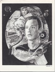 (1989) "Insatiable Curiosity" from Treklink #15, reprinted in Spinerisms (1990) -- artist's description: "Android portrait in black and white with all sorts of related paraphernalia in the background and spilling into the border, including a photo of Sec. Chief (blonde), a magnifying glass, a Chinese finger puzzle, and a copy of Robots and Empire, by Isaac Asimov." [32]