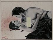 original art by Beverly Zuk, from the zine, Dracula, portrays Dracula and Lucy (1980)