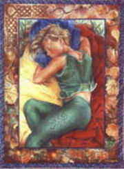 (unknown date) "A Glimpse of Faery" (unknown fandom) -- artist's description: "A sleeping elf is curled on his side at the roots of a tree, atop cloaks of deep red and yellow, while one of blue serves as his pillow. He is dressed in green trimmed with Celtic designs, and is blond and slender. The inner piece is surrounded by an intricate border of fall leaves and more Celtic knotwork." [64]