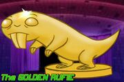 "Rufus depicted as a golden statue, a parody of the Oscars statuettes"