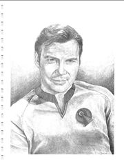 interior art from issue #15, Fiona Graves -- From a fan: "Kirk on 84 C is good, but not the knockouts the other two are. This is Kirk in a uniform I'm not quite familiar with, and the picture goes to about mid chest. This is another pen and ink or charcoal with lots of detail. And it looks like Kirk, but it just doesn't grab me the way the other two pictures did. [7]