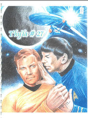 from T'hy'la #27 -- -- "The heat is turned up in this scintillating addition to our galaxy of K/S artwork. A stunner that mines pure gold from an extraordinarily creative composition. I could feel a radiant sense of power flowing from this striking embodiment of our two mens' soulful connection. This is Spock listening in to his lover's thoughts, or he may be imparting some intimate piece of information vital for his Captain's command ability. Many interpretations come to mind. No pun. Spock's long, strong fingers are intimately touching the meld points on Kirk's golden temple. And Kirk is letting it happen, his own strong fingers curled around those of the only being he would ever allow to touch him like this. It is so thrilling! And Kirk's eyes! He seems to be listening, all senses on red alert. This artist has captured his consciousness in their expression, it is *that* beautiful. In the background is our beloved ship and a planet behind that; the coloring is sumptuous. But the glory is in the overall effect of our heroes, the flashing stars and colors of them that bring a flair to a familiar theme, one we all hold dear to our hearts. I simply fell in love with this composition and felt awe and gratitude that Ms. Mueller has given so freely of herself in the two zines I had the privilege of reading this year." [43]