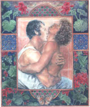 (1997) "...world enough, and time ..." -- artist's description: "Richly-colored border of geraniums, mosaic, and stucco surround a beautiful, sun-drenched tableau of Bodie and Doyle entwined in a sensual and single-minded embrace, Doyle's legs wrapped around Bodie's waist, his head thrown back in sheer eroticism as Bodie's arms clasp him and his lips are pressed in a near reverence to his partner's throat, against a backdrop of sun-warmed terra-cotta tiles." [20]