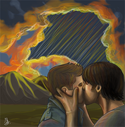 "Illustration of Sam kissing Dean, with his hands on either side of Dean's face. In the background there are mountains in the distance and fiery orange and red clouds in the sky"