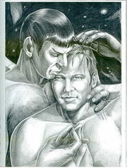 "Loving to Touch", from Beyond Dreams #5 - "This is another lovely piece by Marianne. The title is just perfect, because this picture shows the love between Kirk and Spock so clearly. Two strong men tenderly holding each other and touching one another. It’s a peek at a beautiful, quiet moment between them." [30] Another fan writes: ""Loving to Touch" is a great title that perfectly expresses the love and tenderness shown in this cover picture of Spock holding Kirk. It’s revealed in so many little touches. Spock has one hand entwined with Kirk’s, and the other lightly rests at Kirk’s neck. Kirk has raised his left arm, and with his hand is gently ruffling Spock’s hair. These small touches wonderfully express the love between the two men. And I like the way we can just see the edge of a rounded window, and the stars beyond. This is obviously set on the Enterprise, (at least I hope so!) and Kirk and Spock are together among the stars, where they belong.[31]