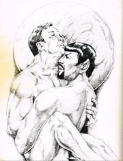 from Within the Mirror #14 -- The back cover is an interesting pose as well. (Maybe a better term would be "suggestive" pose, or "erotic" pose, or "really hot" pose, or...well, you get the idea!) It shows Kirk and Spock naked with Kirk being held in Spock's arms, one leg on either side of Spock's body. I studied the picture trying to figure out if Spock was supposed to be penetrating Kirk. I think he is —- the pose would seem to indicate so, but I'm not exactly an expert on how this position would look! You can't really tell for sure, but I had fun analyzing the picture as I tried to figure it out! There was only one thing a little off for me, and that was Kirk's face. I am very reluctant to criticize art — I could no more draw than I could fly to the moon, so who am I to make any critical comments about artwork, especially about a wonderful artist like Marianne? However, Kirk's face just didn't look quite right, for some reason, and the neck looks a bit wrong — too thick or something. But this must be amazingly difficult to do, to create a picture with dots like this. And I really liked Spock's face in this back cover. Great job on these covers, Marianne!" [28]