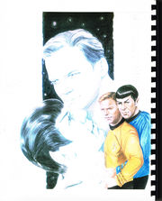 from T'hy'la #26 -- "Now this is an unusual piece, a combination of black and white and color art. The center panel shows head shots of Kirk and Spock before a rectangular background of space and stars, and that’s all in black and white. Then, to the bottom right corner, there is a color image of the two of them in their series uniforms, with Spock behind Kirk, clasping him around the waist. The blue and gold of the uniform tunics reproduced beautifully and look great on the zine. But I am left wondering if this is the original composition or if this is something Kathy and/or the artist put together after the fact? I like it, really nice. The better drawing is the black and white one, but the vivid color of the smaller piece really adds to the overall effect. Great choices!" [42]