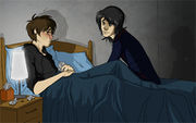 Digital art by deviantartist Hootsweets of a sick Frank Iero and worried Gerard Way (2012)