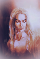 "Illustration of a head and shoulders portrait of Cersei, on a soft background of brown and beige"