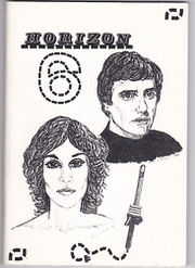 While there are very few definitely A/C images in zines, several covers do depict Avon and Cally together. For example, this cover of Horizon 6, by Valerie Leibson. This zine features a story called "Of a hero"by David G Bell, which features Cally making a prophecy about Avon's future - something that happens in A/C fics