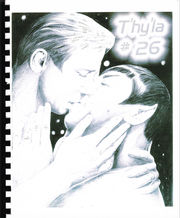 from T'hy'la #26 -- "The covers of this splendid zine warmly wrap its pages in beauty, imagination and love. Kissing is my favorite thing for Kirk and Spock to do and these large close-ups of the two men certainly satisfy that hunger. The one in front is terrific. It captures a moment that will be in my mind for a long time. Spock has a ring on! I love that! His fingertips are touching a place on the underside of Kirk's face, tenderly. Kirk's hand cradles his lover's face and neck. We can tell they are embracing each other gently in prelude to some special loving Excellently executed, sensitively composed, and all in black and white which I love. The back cover seems to be after their lovemaking. Spock's expression as he gazes up at his bondmate is full of adoration. Kirk is drawn so perfectly we know he is worthy of his Vulcan's devotion. Satisfaction delineates their features, again in black and white. Then in the right hand lower corner they are clothed and depicted in color in their uniforms. Spock's arms are around Kirk's waist, Kirk's hand covering Spock's. Sigh...I could look at these covers all night and nearly did." [41]