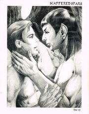 from Scattered Stars #12. It is the artist's 19th K/S drawing. -- "The front cover by Marianne Mueller is good. It's a young nude Kirk held by a nude long-haired Spock. The picture stops before the elbows. It's a chaste nude scene. Darn." [17]