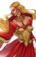 "Illustration of Cersei in a red gown with metal armor breastplate"