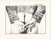 "The front cover to FIRST TIME 52 is by Fiona Graves and is a rather lovely B&W stipple picture (if that's the correct word). Fiona Graves is a favorite artist of mine. I wish she did more pictures. It's a picture of Spock's bare behind. Basically you see the bottom of his shirt and his buns with his hands clasped together. It's a really nice picture with a lot of depth to it. It must have taken hours and hours for Graves to have done the dotting for the blue of the shirt. It makes me wince just to think of it. Of course, this doesn't HAVE to be Spock, but WHO else would be on the cover of a K/S zine in a science blue shirt?" [10]