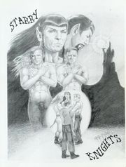 from Starry Knights #1 -- "This is one of the best zine covers I have ever seen because it is designed specifically as a zine cover and imaginatively and beautifully composed. There is an AU Spock next to a Mirror Spock above an AU Kirk next to a Mirror Kirk below. The faces are near perfect and Kirk’s nude body is beautifully drawn. The four of them stand together in the foreground with the full moon as a backdrop. Everything is set against an alien landscape which might be Vulcan with a bright sun. I just love it—and I’ll bet the original is spectacular."[33]